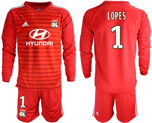 Lyon #1 Lopes Red Goalkeeper Long Sleeves Soccer Club Jersey